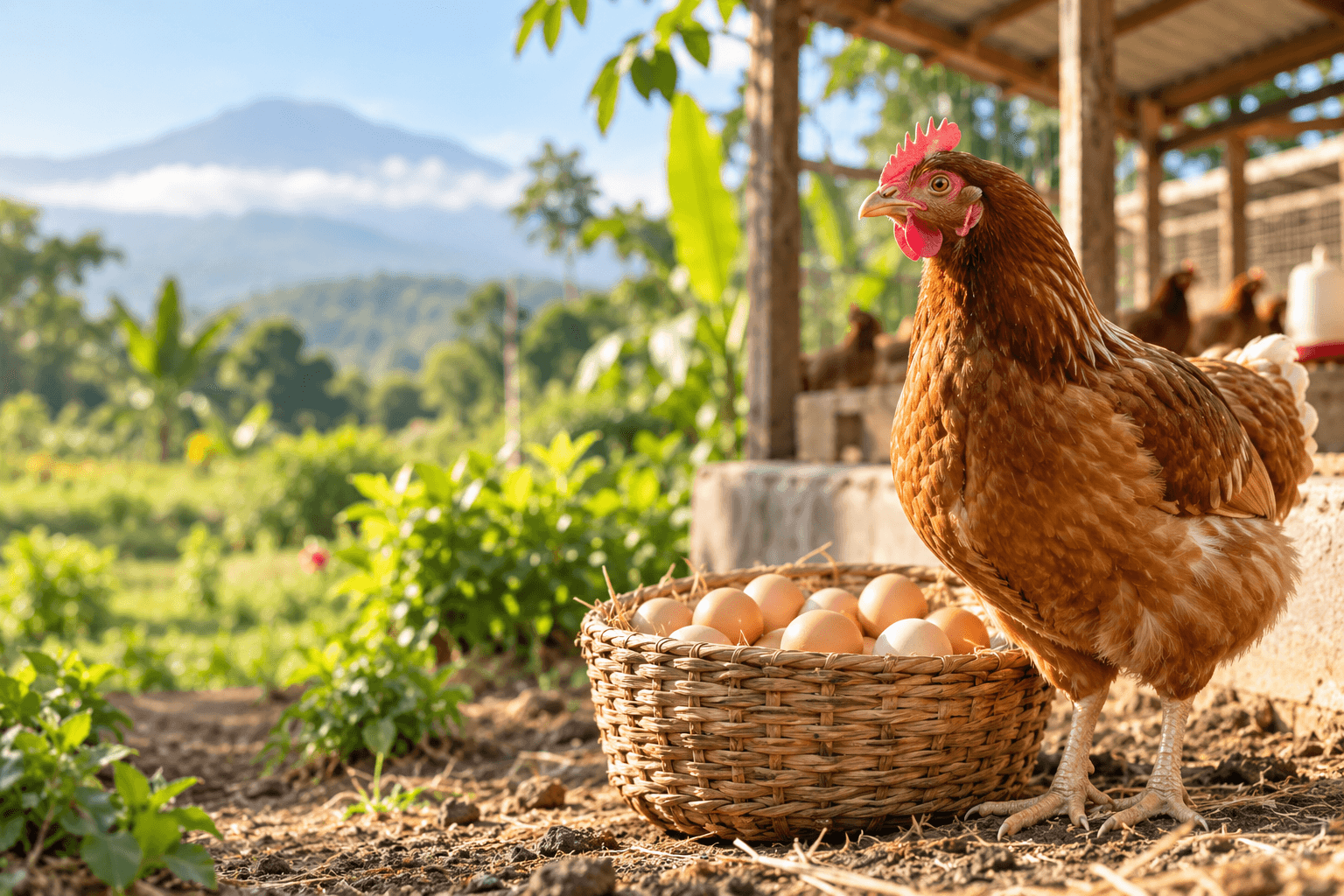 Hen and fresh eggs at a smallholder poultry farm